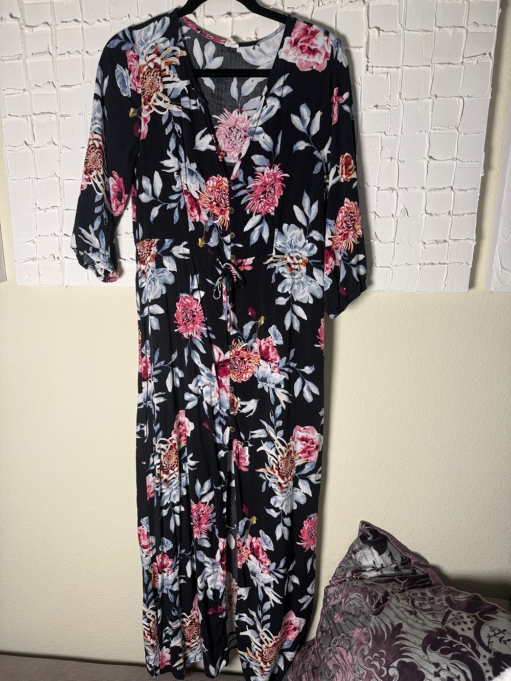 Rip Curl Black Maxi Dress with Pink & White Floral Print